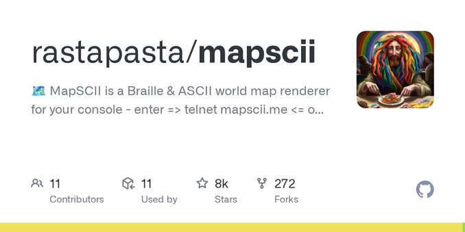 🗺  MapSCII is a Braille & ASCII world map renderer for your console - enter => telnet mapscii.me <= on Mac (brew install telnet) and Linux, connect with PuTTY on Windows - rastapasta/mapscii