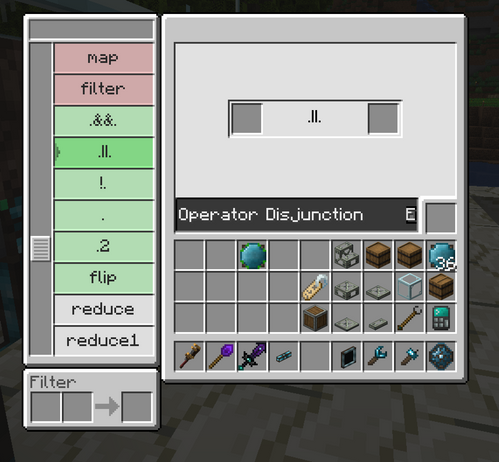 an in-game screenshot of a Minecraft inventory, with a list of operators listed beside the inventory, including map, filter, logical disjunction, flip, reduce, and the like