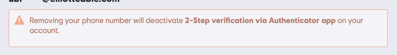 screenshot from a Ubisoft settings page, saying "Removing your phone number will deactivate 2-step verification via Authenticator app."