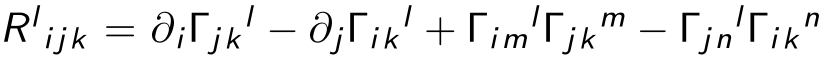 The Riemann curvature tensor as a combination of four terms involving partial derivatives and Christoffel symbols.